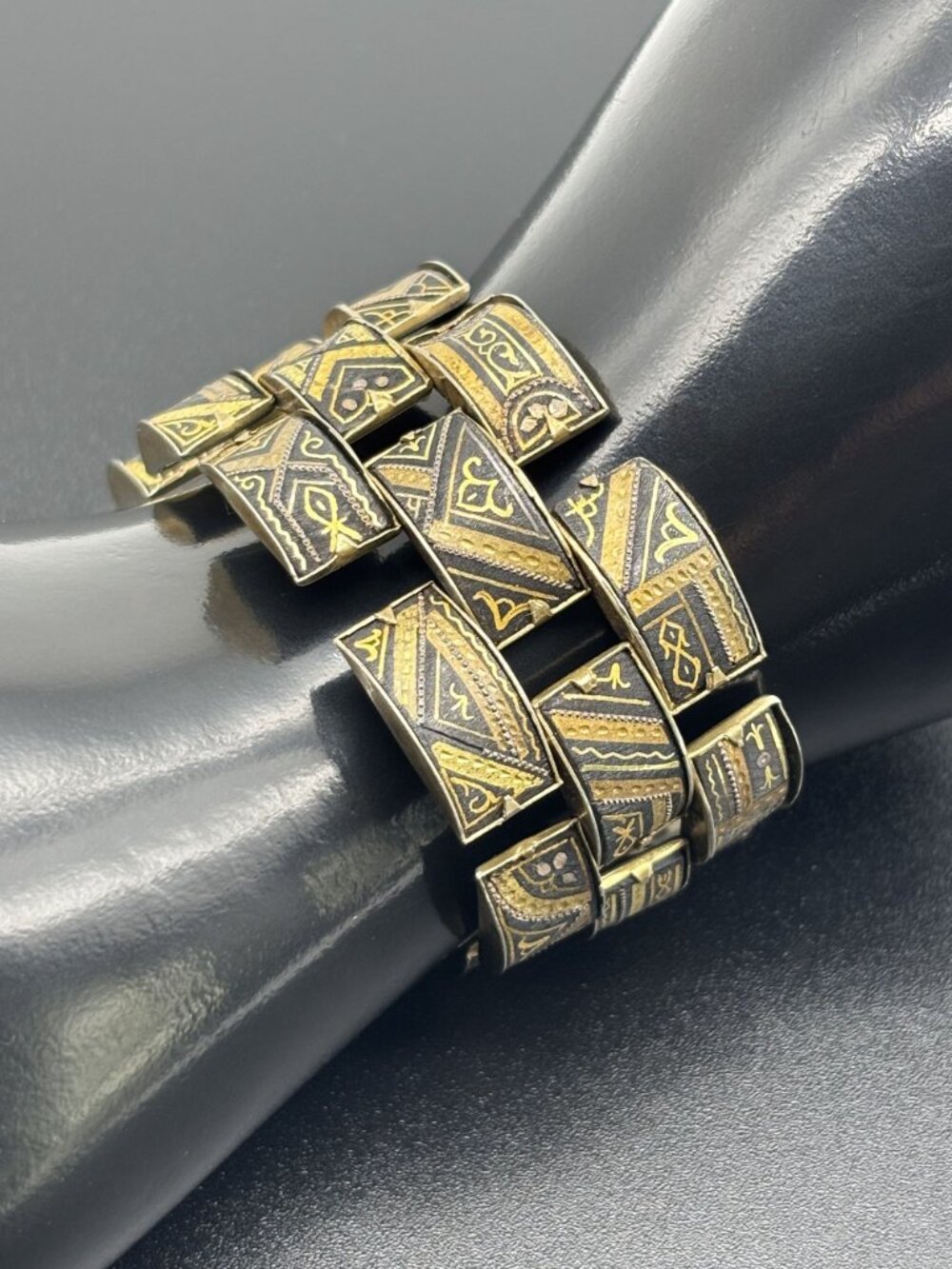 Vintage Damascene Bracelet With Initials Three Rows of Articulated Links, Signed